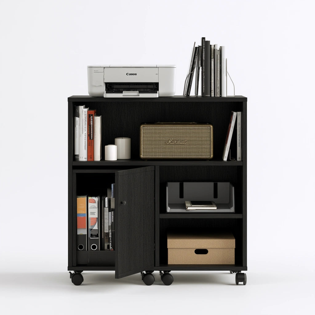 Caisson de classement mobile en bois sur roulettes, coloris noir