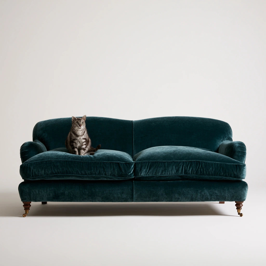 Canapé contemporain en velours, coloris bleu pétrole et blanc