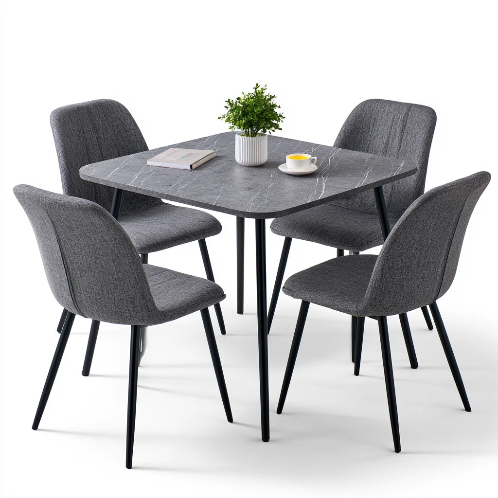 Ensemble repas table et quatre chaises aux lignes épurées, coloris gris