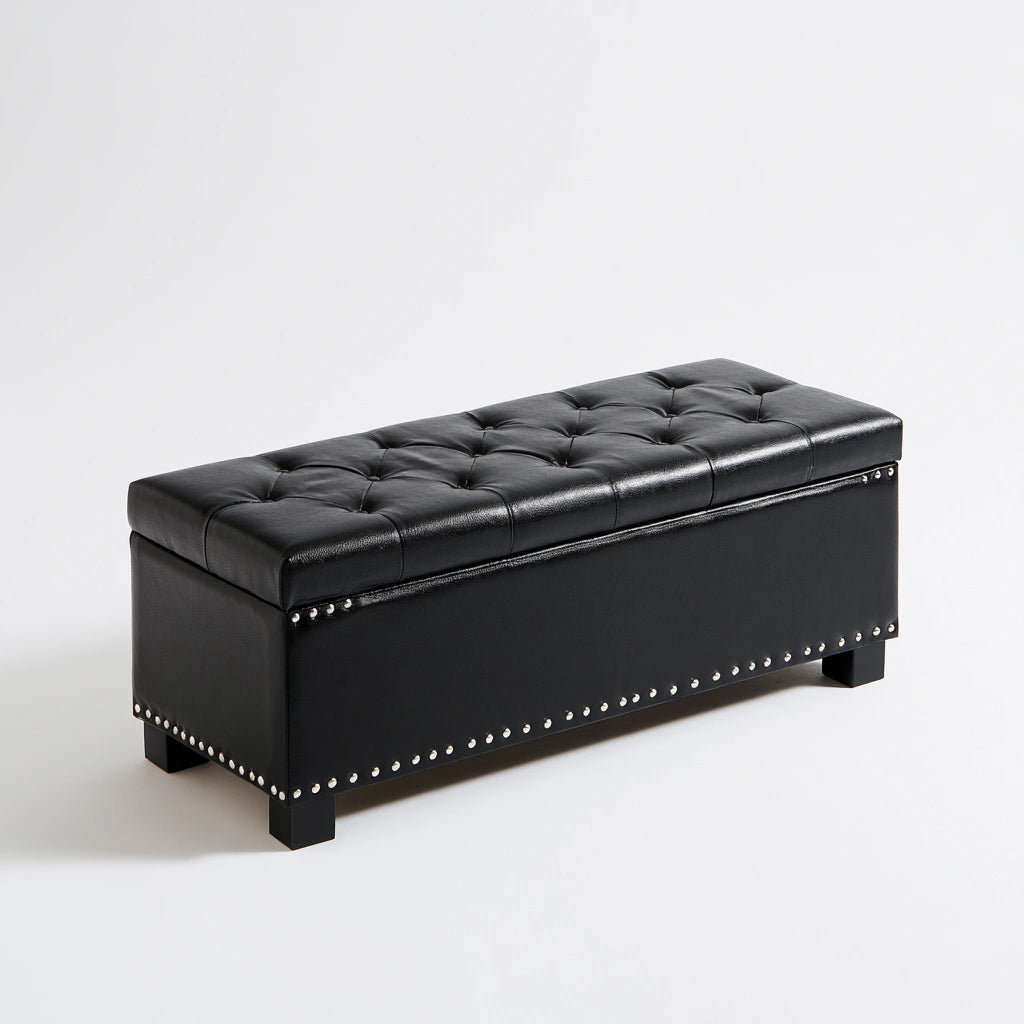 Banc coffre rembourré en similicuir, coloris noir