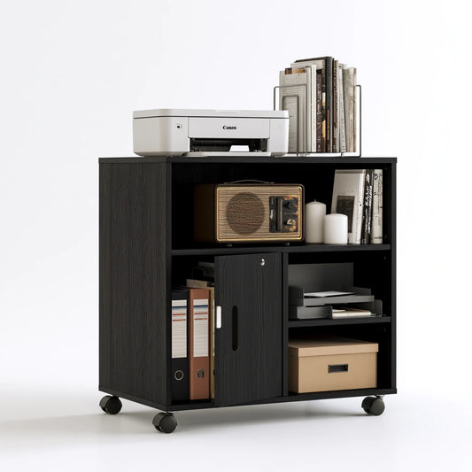 Caisson de classement mobile en bois sur roulettes, coloris noir