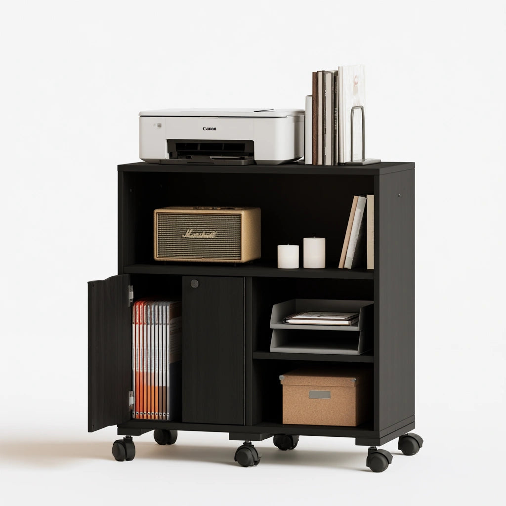 Caisson de classement mobile en bois sur roulettes, coloris noir