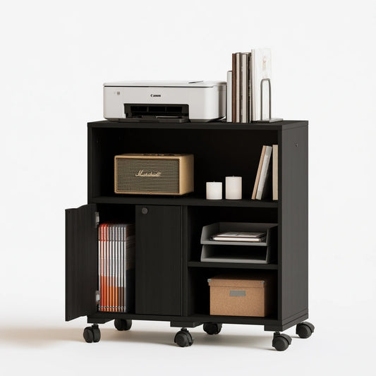 Caisson de classement mobile en bois sur roulettes, coloris noir