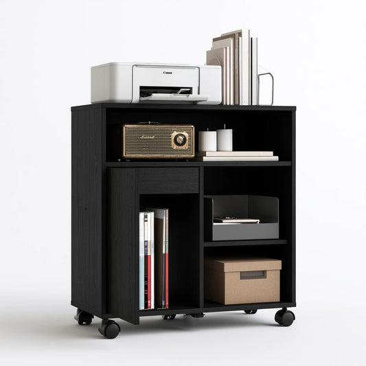 Caisson de classement mobile en bois sur roulettes, coloris noir