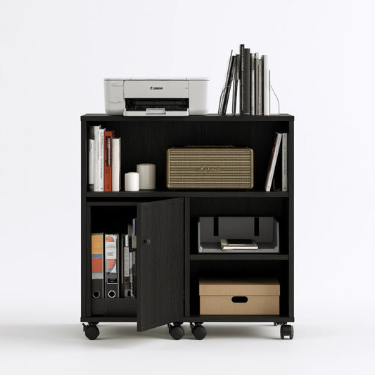 Caisson de classement mobile en bois sur roulettes, coloris noir