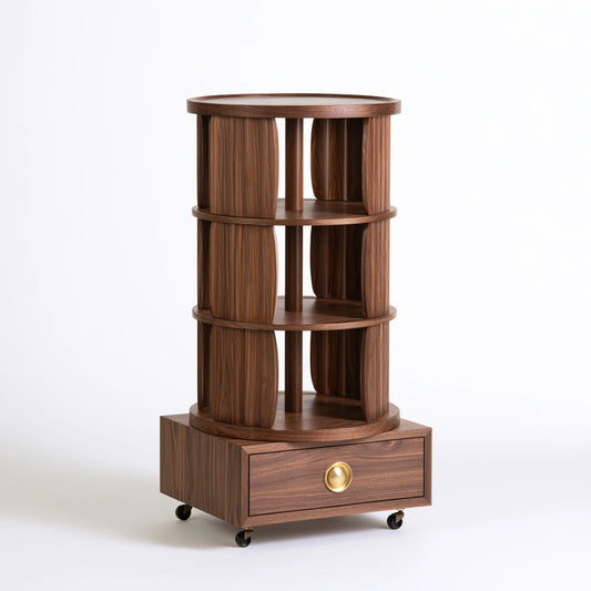 Bibliothèque pivotante en bois sur roulettes pivotant, coloris brun foncé