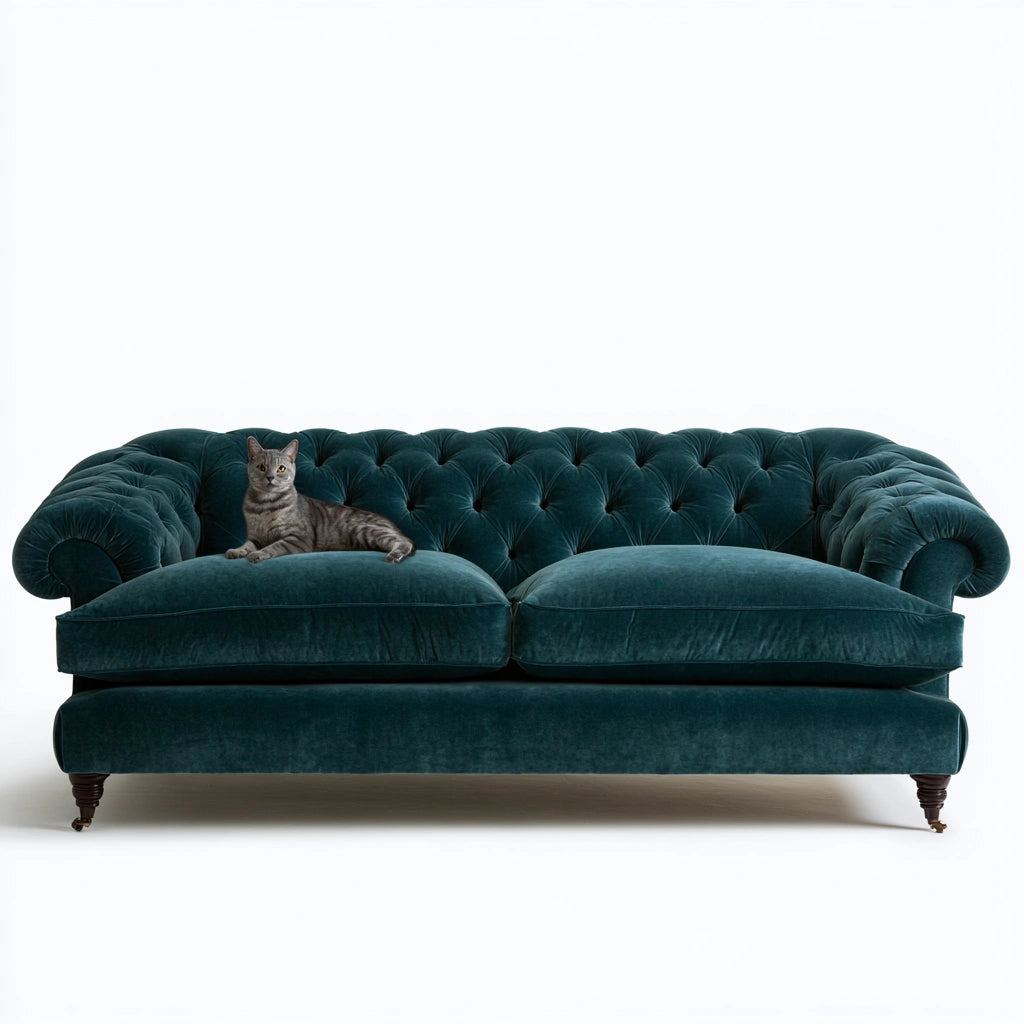 Canapé contemporain en velours, coloris bleu pétrole et blanc