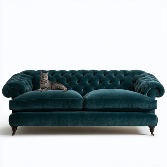 Canapé contemporain en velours, coloris bleu pétrole et blanc