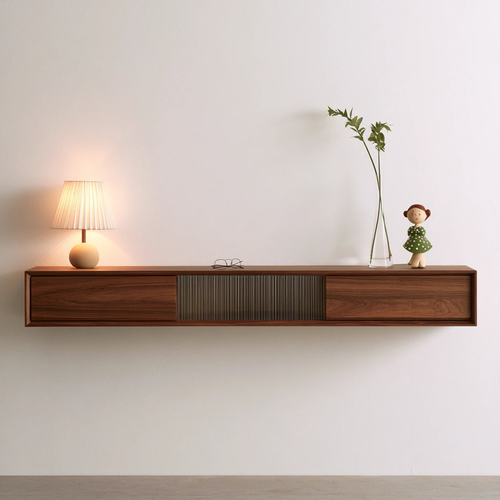 Meuble télévision aux lignes épurées mural suspendu, coloris brun rougeâtre